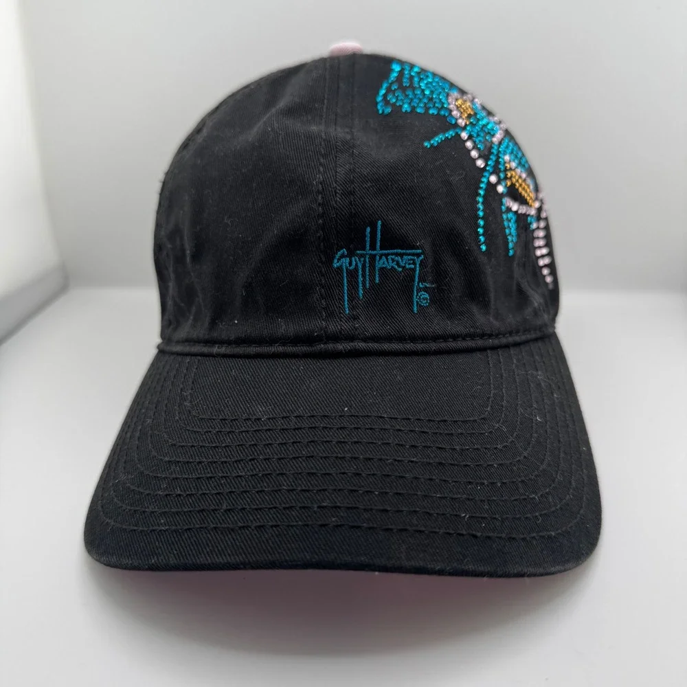 Guy Harvey Baseball Cap Women OSFA Black Pink Good Rhinestone Marlin Nautical
